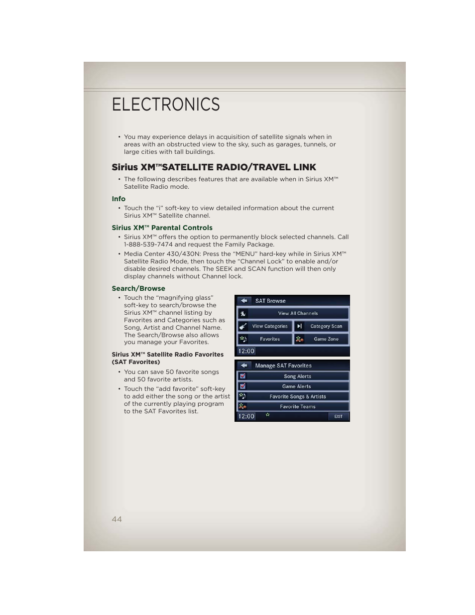 Sirius xm™satellite radio/travel link, Info, Sirius xm™ parental controls | Search/browse, Electronics | Jeep 2012 Patriot - User Guide User Manual | Page 46 / 108