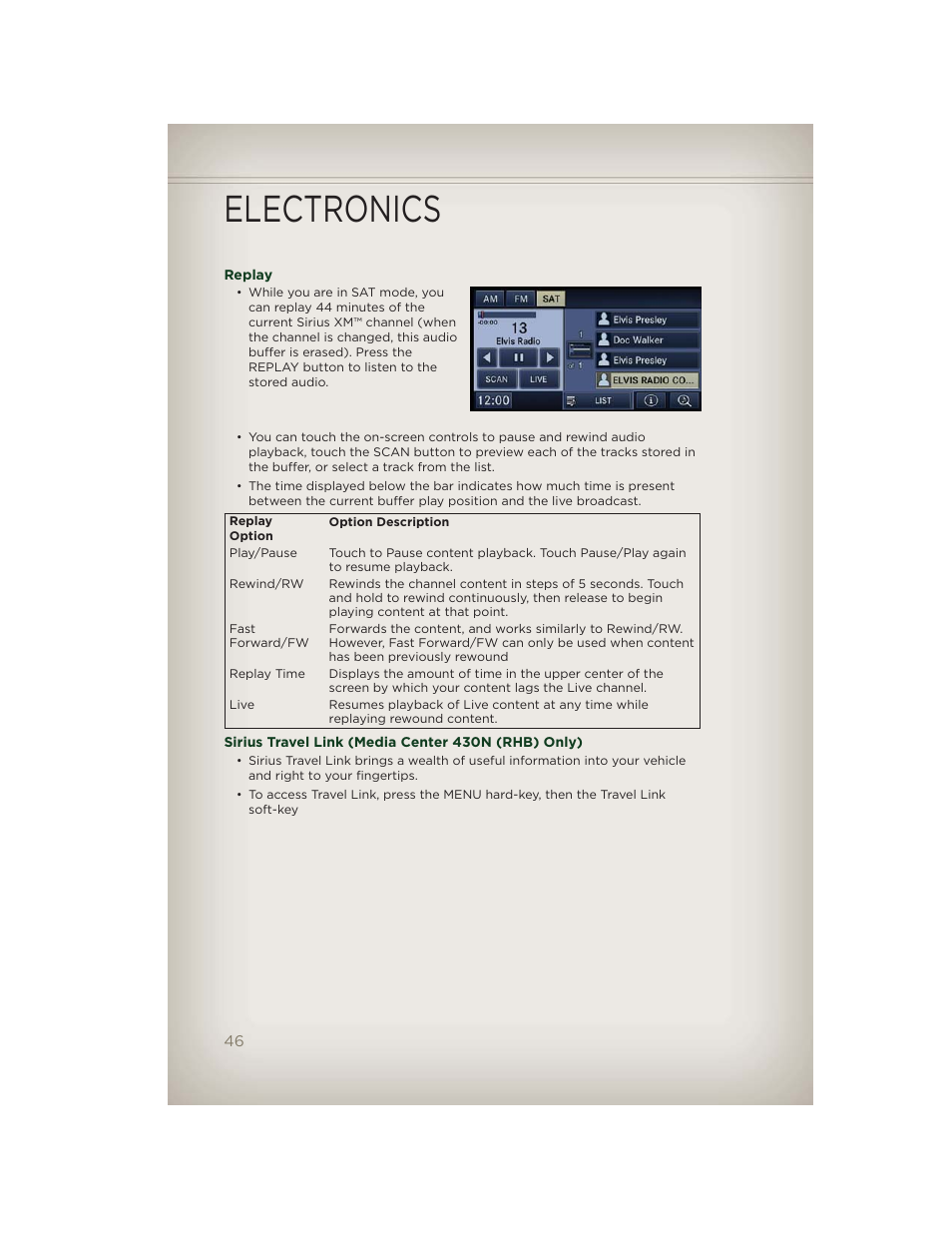 Replay, Sirius travel link (media center 430n (rhb) only), Electronics | Jeep 2012 Patriot - User Guide User Manual | Page 48 / 108