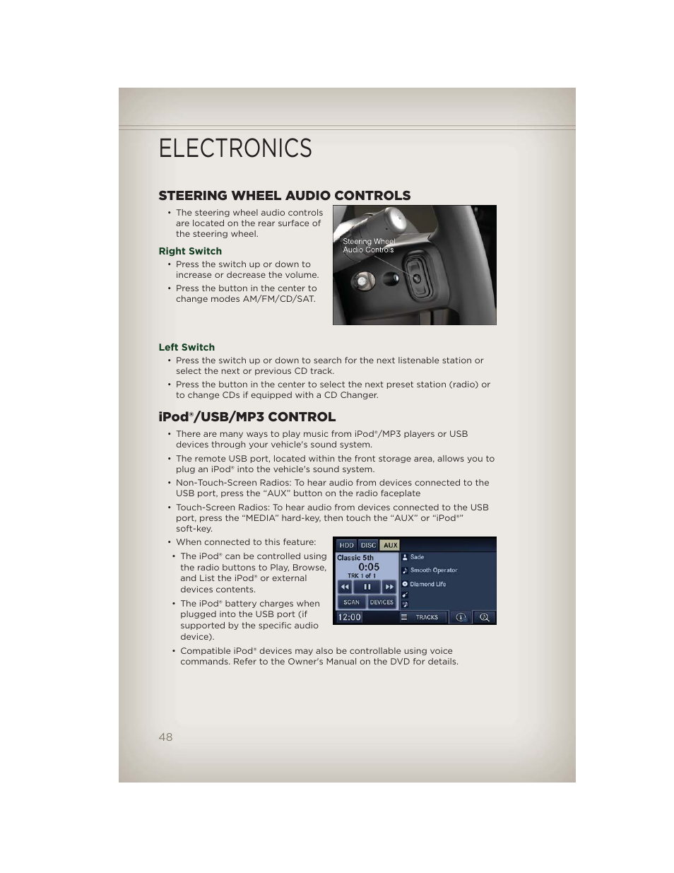 Steering wheel audio controls, Right switch, Left switch | Ipod®/usb/mp3 control, Electronics | Jeep 2012 Patriot - User Guide User Manual | Page 50 / 108