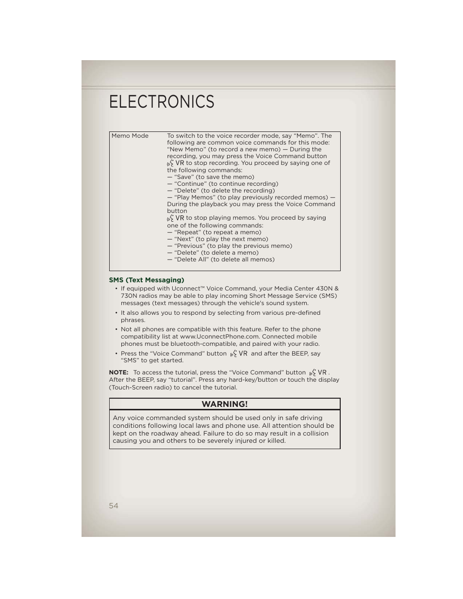 Sms (text messaging), Electronics, Warning | Jeep 2012 Patriot - User Guide User Manual | Page 56 / 108