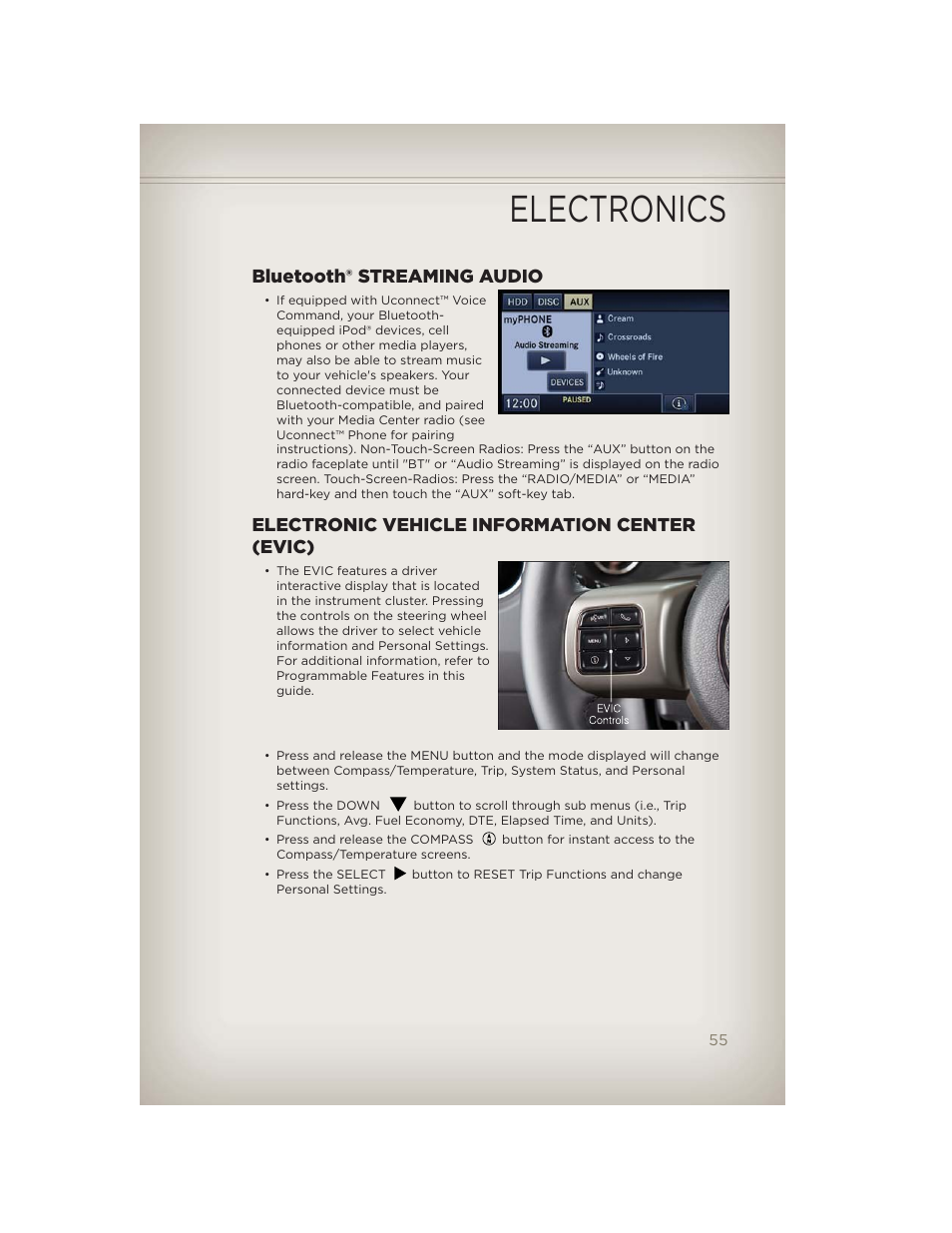 Bluetooth® streaming audio, Electronic vehicle information center (evic), Electronics | Jeep 2012 Patriot - User Guide User Manual | Page 57 / 108