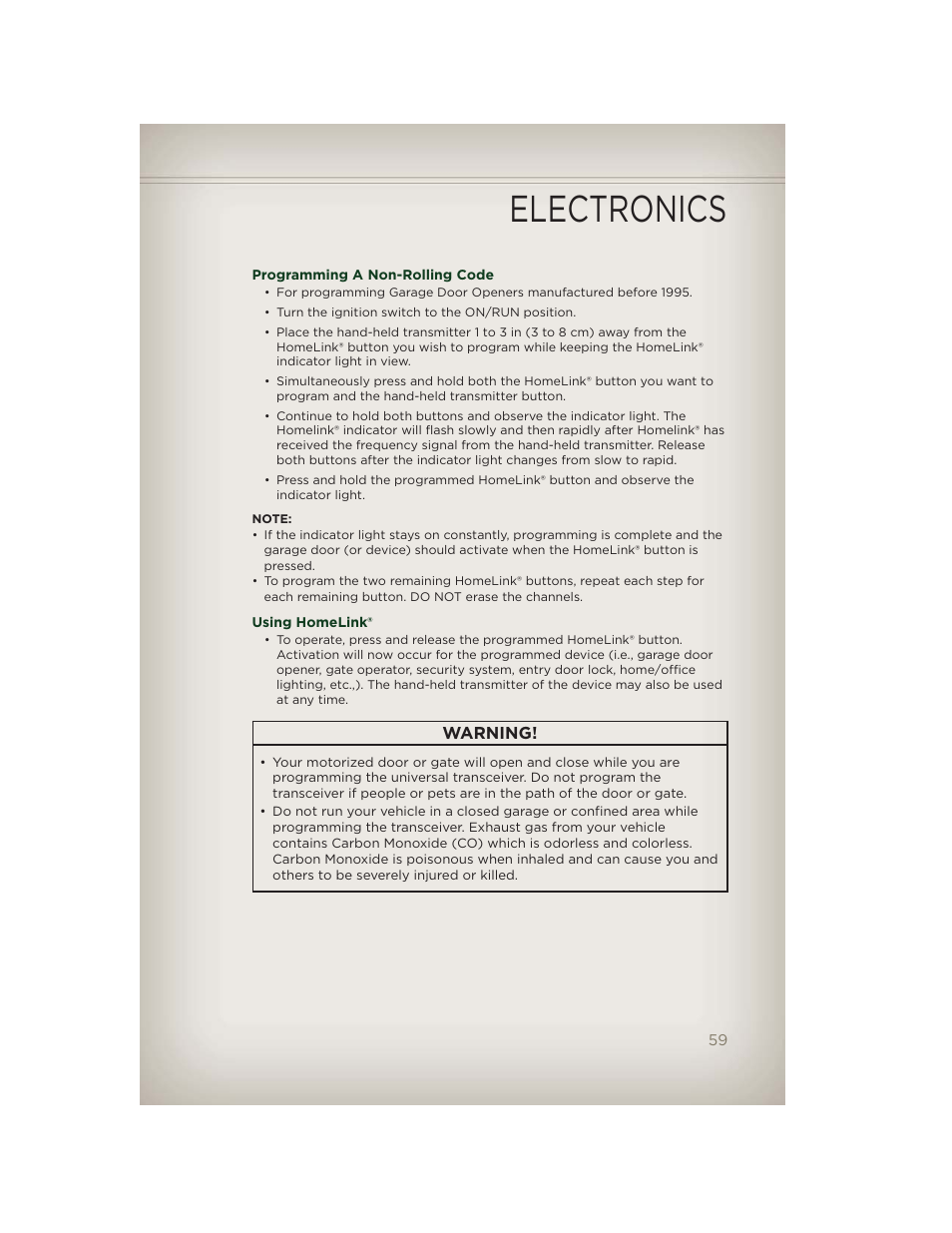 Programming a non-rolling code, Using homelink, Electronics | Jeep 2012 Patriot - User Guide User Manual | Page 61 / 108