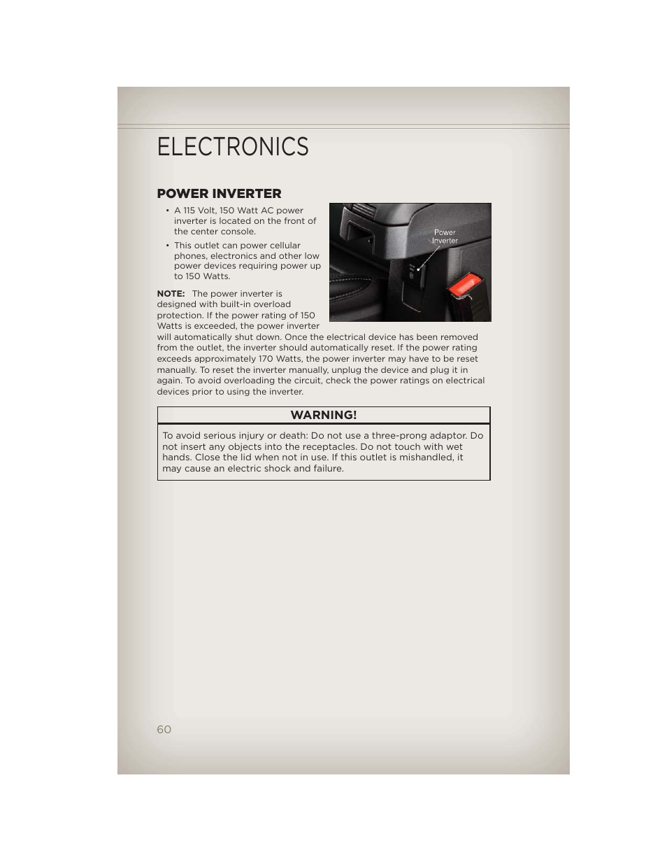 Power inverter, Electronics | Jeep 2012 Patriot - User Guide User Manual | Page 62 / 108