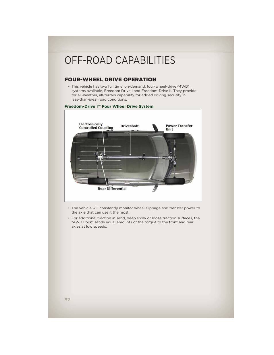 Off-road capabilities, Four-wheel drive operation, Freedom-drive i™ four wheel drive system | Jeep 2012 Patriot - User Guide User Manual | Page 64 / 108