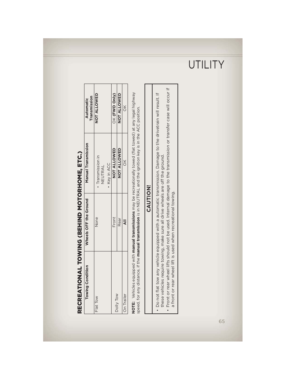 Recreational towing (behind motorhome, etc.), Utility, Recrea tional t o wing (behind mo t orhome, et c.) | Ca ution | Jeep 2012 Patriot - User Guide User Manual | Page 67 / 108