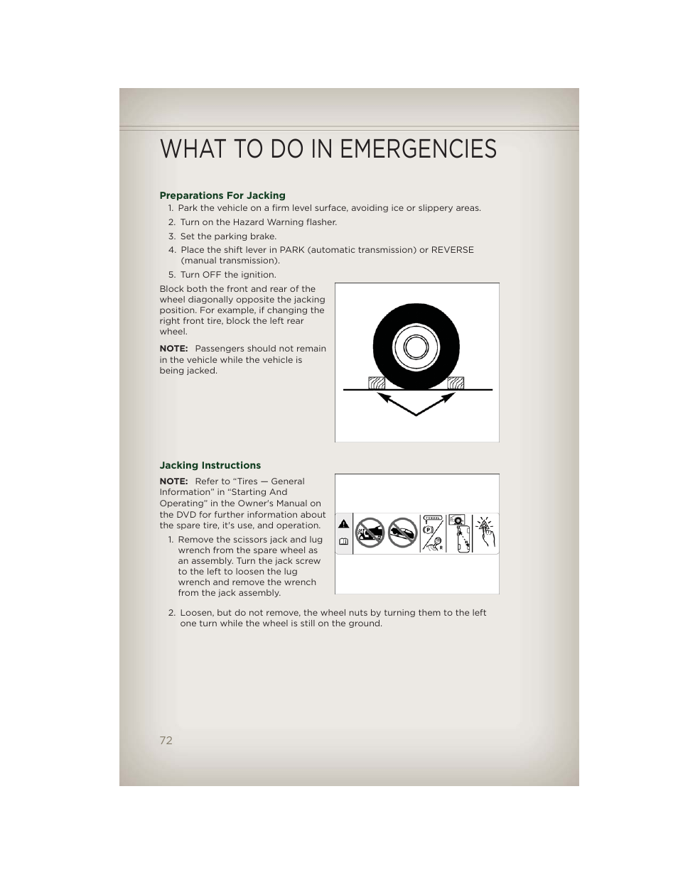 Preparations for jacking, Jacking instructions, What to do in emergencies | Jeep 2012 Patriot - User Guide User Manual | Page 74 / 108