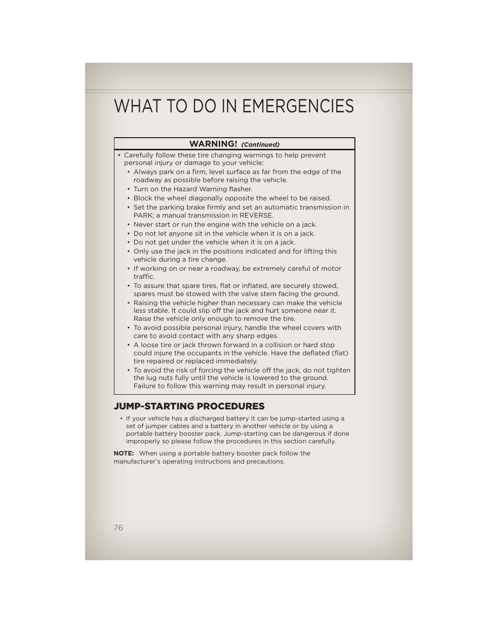 Jump-starting procedures, What to do in emergencies | Jeep 2012 Patriot - User Guide User Manual | Page 78 / 108