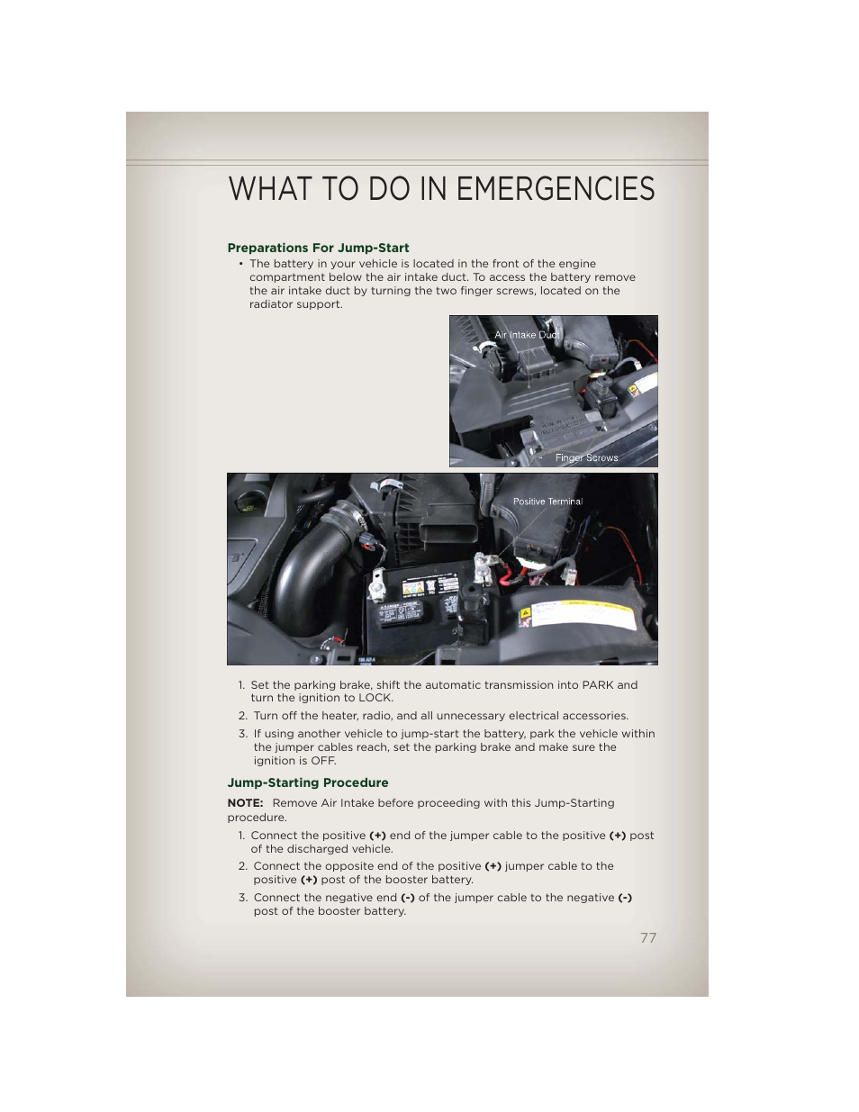 Preparations for jump-start, Jump-starting procedure, What to do in emergencies | Jeep 2012 Patriot - User Guide User Manual | Page 79 / 108