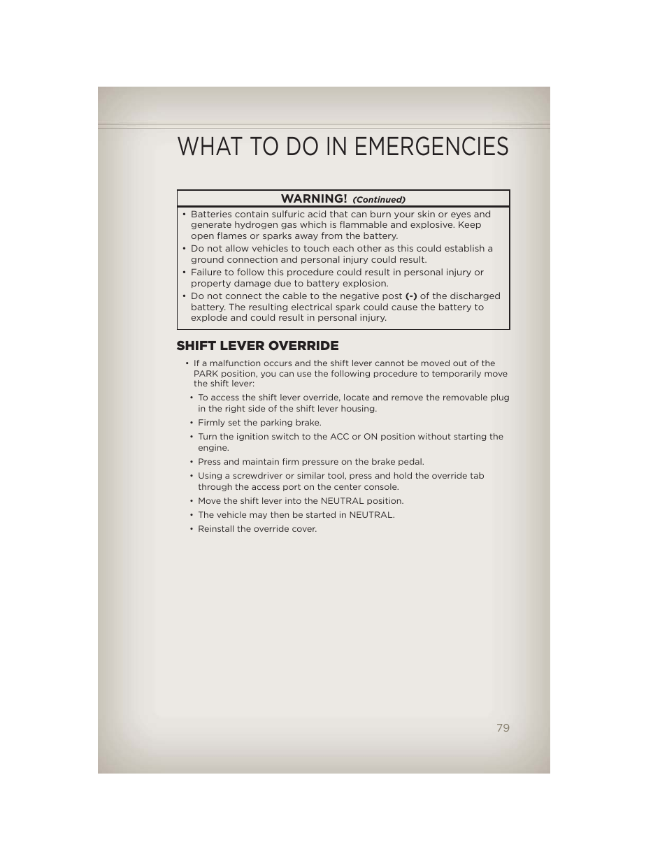 Shift lever override, Towing a disabled vehicle, What to do in emergencies | Jeep 2012 Patriot - User Guide User Manual | Page 81 / 108