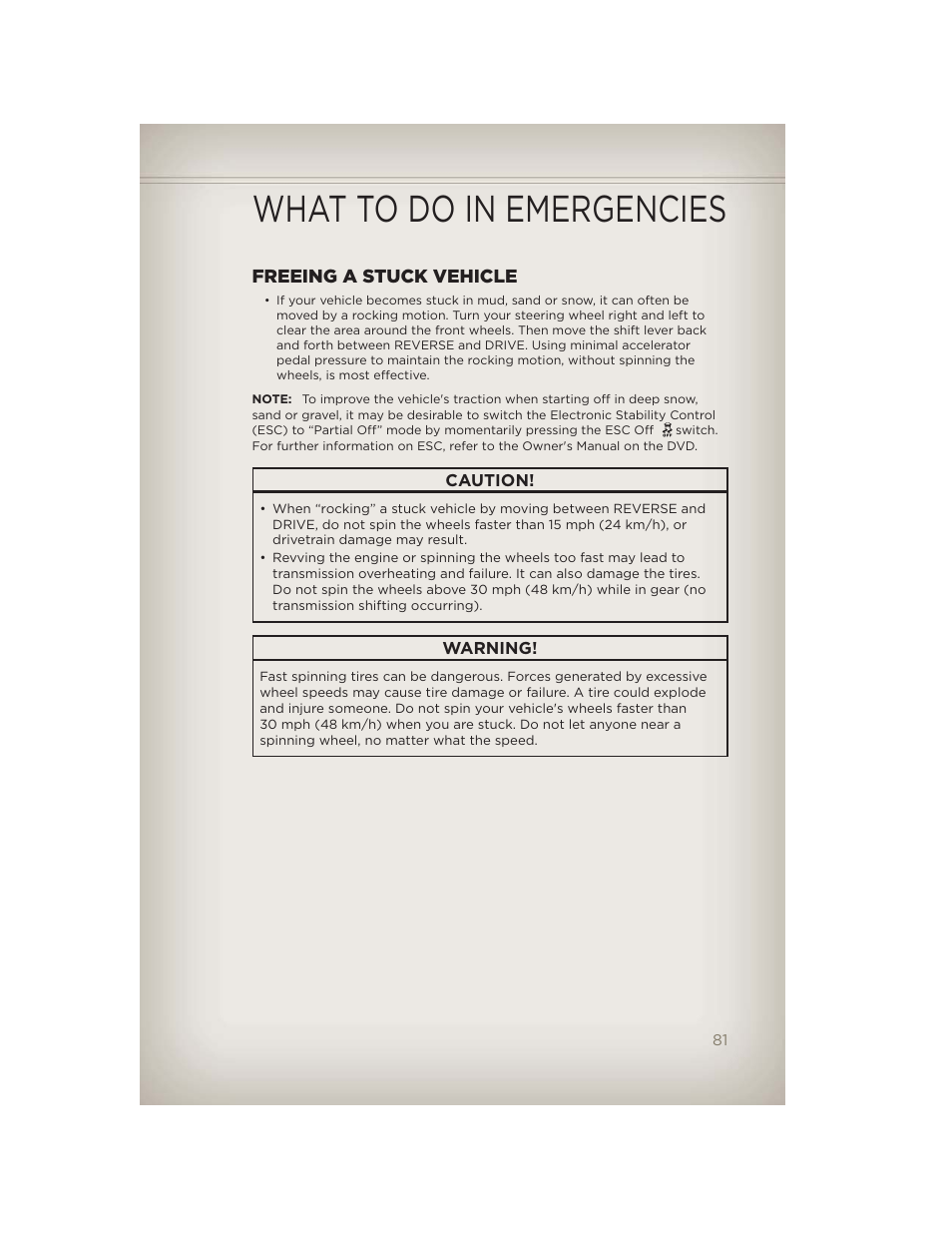 Freeing a stuck vehicle, What to do in emergencies | Jeep 2012 Patriot - User Guide User Manual | Page 83 / 108