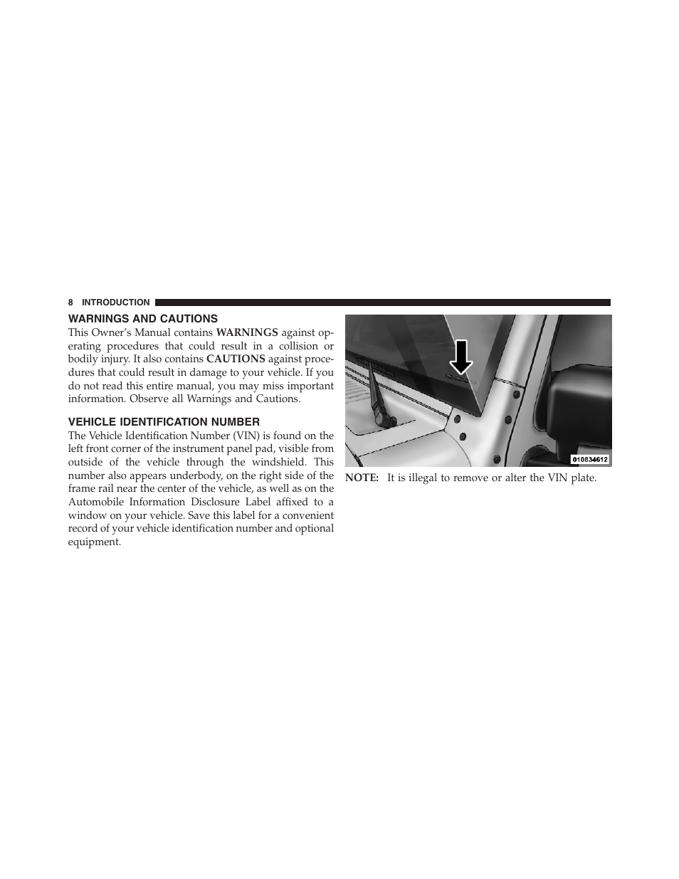 Warnings and cautions, Vehicle identification number | Jeep 2012 Wrangler Unlimited - Owner Manual User Manual | Page 10 / 613