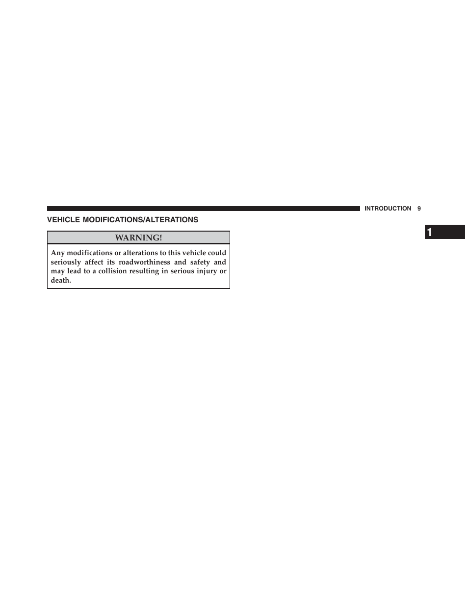 Vehicle modifications/alterations | Jeep 2012 Wrangler Unlimited - Owner Manual User Manual | Page 11 / 613