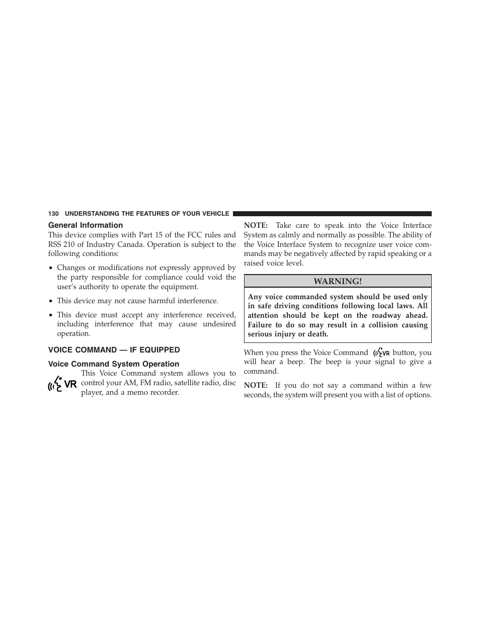 General information, Voice command — if equipped, Voice command system operation | Jeep 2012 Wrangler Unlimited - Owner Manual User Manual | Page 132 / 613