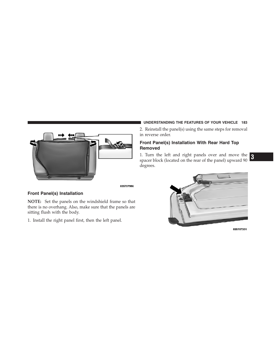 Front panel(s) installation, Front panel(s) installation with rear hard, Top removed | Jeep 2012 Wrangler Unlimited - Owner Manual User Manual | Page 185 / 613
