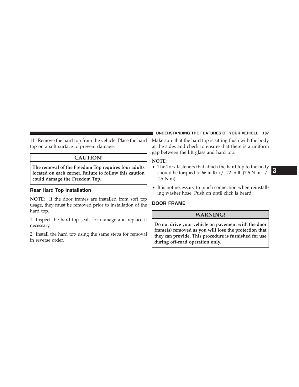 Rear hard top installation, Door frame | Jeep 2012 Wrangler Unlimited - Owner Manual User Manual | Page 189 / 613