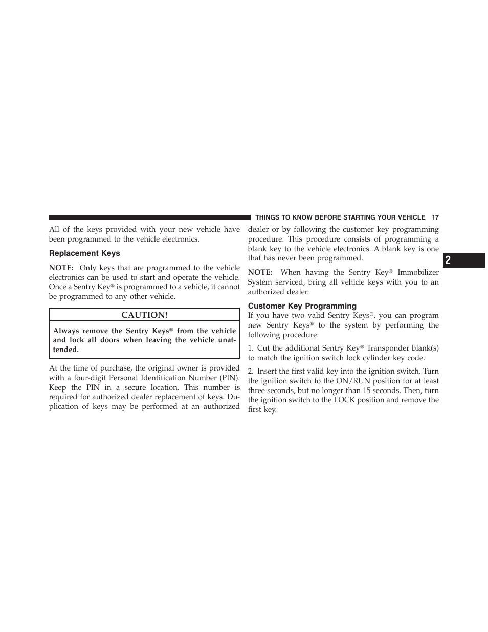 Replacement keys, Customer key programming | Jeep 2012 Wrangler Unlimited - Owner Manual User Manual | Page 19 / 613