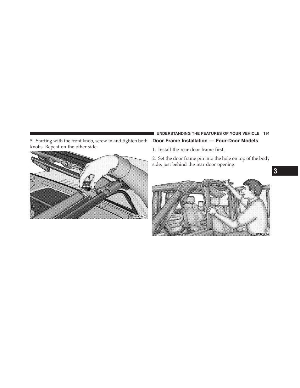 Door frame installation — four-door models, Door frame installation, Four-door models | Jeep 2012 Wrangler Unlimited - Owner Manual User Manual | Page 193 / 613