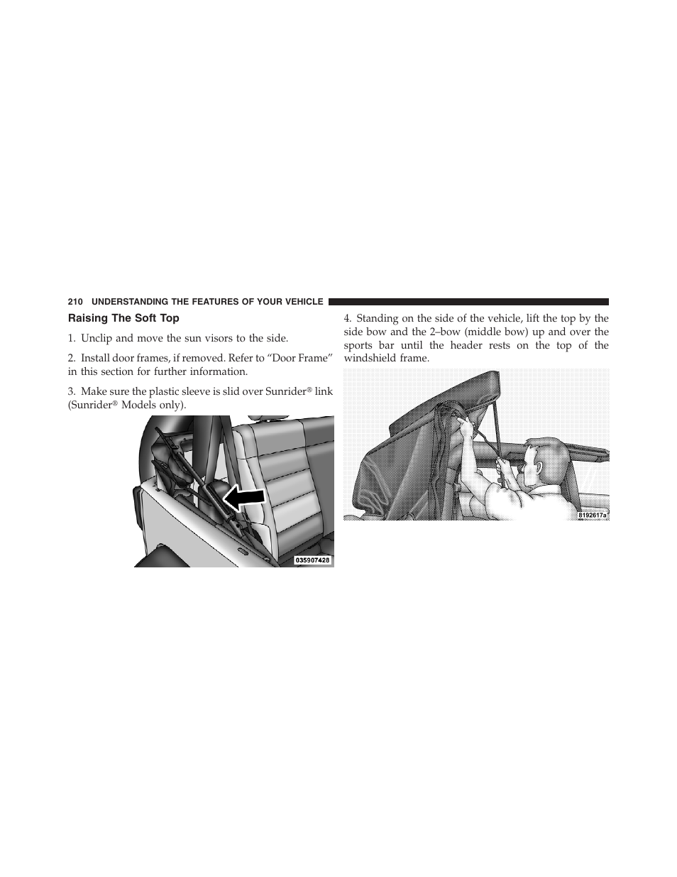 Raising the soft top | Jeep 2012 Wrangler Unlimited - Owner Manual User Manual | Page 212 / 613