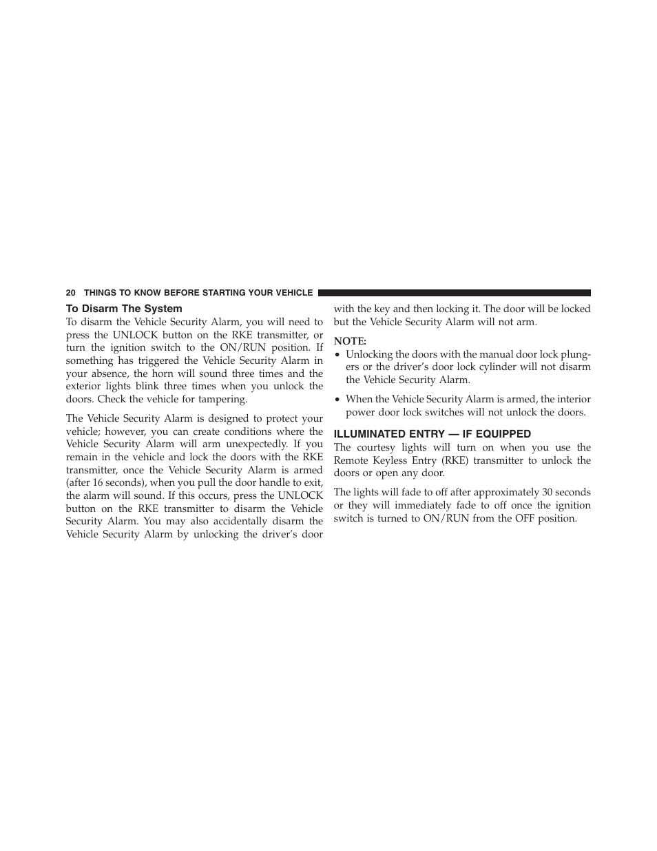 To disarm the system, Illuminated entry — if equipped | Jeep 2012 Wrangler Unlimited - Owner Manual User Manual | Page 22 / 613