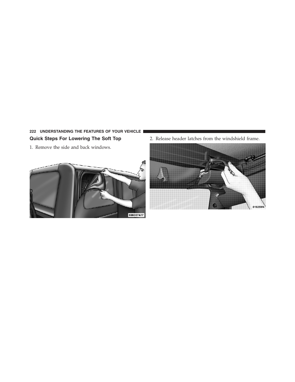 Quick steps for lowering the soft top | Jeep 2012 Wrangler Unlimited - Owner Manual User Manual | Page 224 / 613
