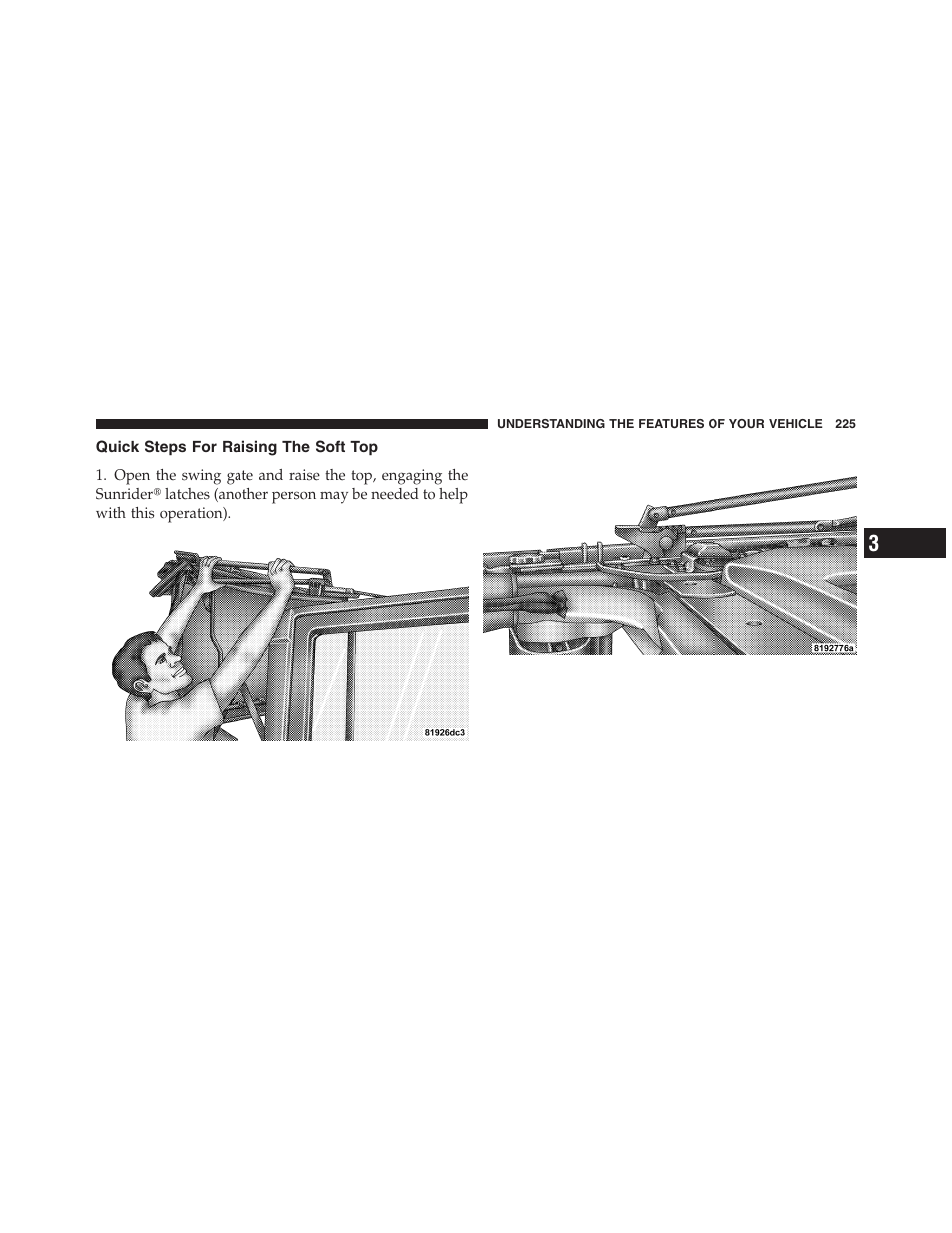 Quick steps for raising the soft top | Jeep 2012 Wrangler Unlimited - Owner Manual User Manual | Page 227 / 613