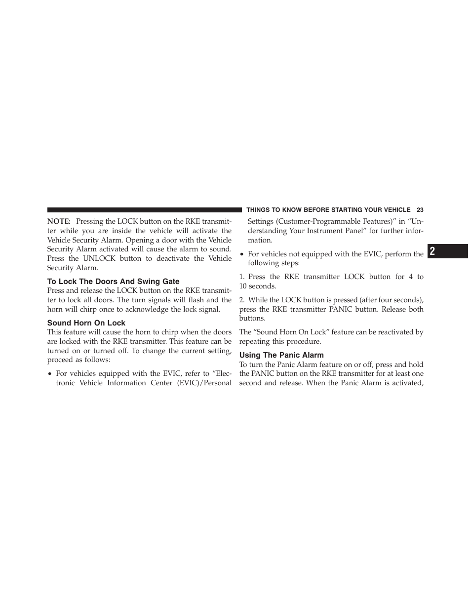 To lock the doors and swing gate, Sound horn on lock, Using the panic alarm | Jeep 2012 Wrangler Unlimited - Owner Manual User Manual | Page 25 / 613