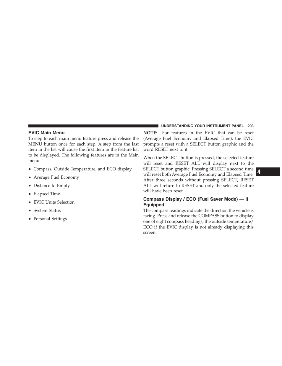 Evic main menu, Compass display / eco (fuel saver mode), If equipped | Jeep 2012 Wrangler Unlimited - Owner Manual User Manual | Page 295 / 613