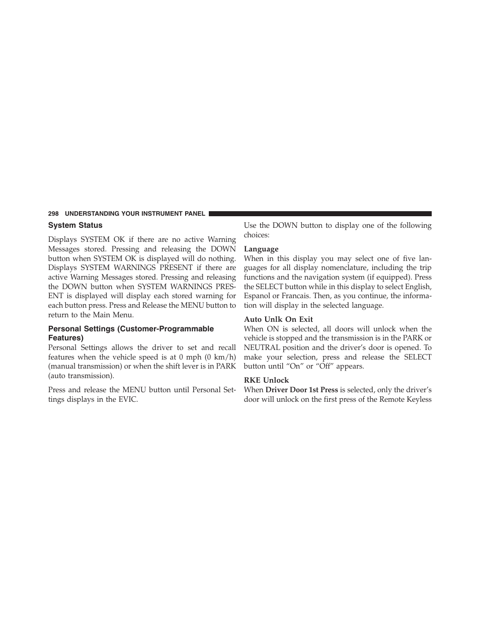 System status, Personal settings (customer-programmable features), Personal settings | Customer-programmable features) | Jeep 2012 Wrangler Unlimited - Owner Manual User Manual | Page 300 / 613