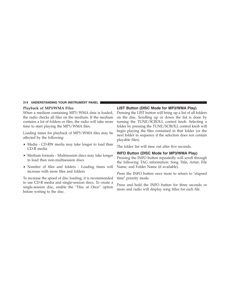 List button (disc mode for mp3/wma play), Info button (disc mode for mp3/wma play), List button | Disc mode for mp3/wma play), Info button | Jeep 2012 Wrangler Unlimited - Owner Manual User Manual | Page 316 / 613