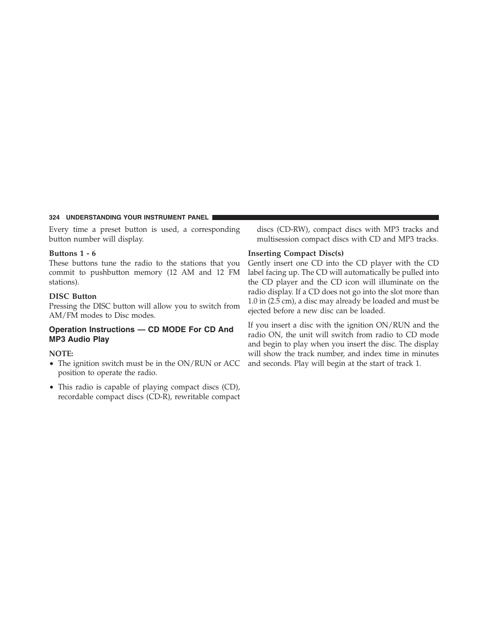 Operation instructions — cd mode for cd, And mp3 audio play | Jeep 2012 Wrangler Unlimited - Owner Manual User Manual | Page 326 / 613