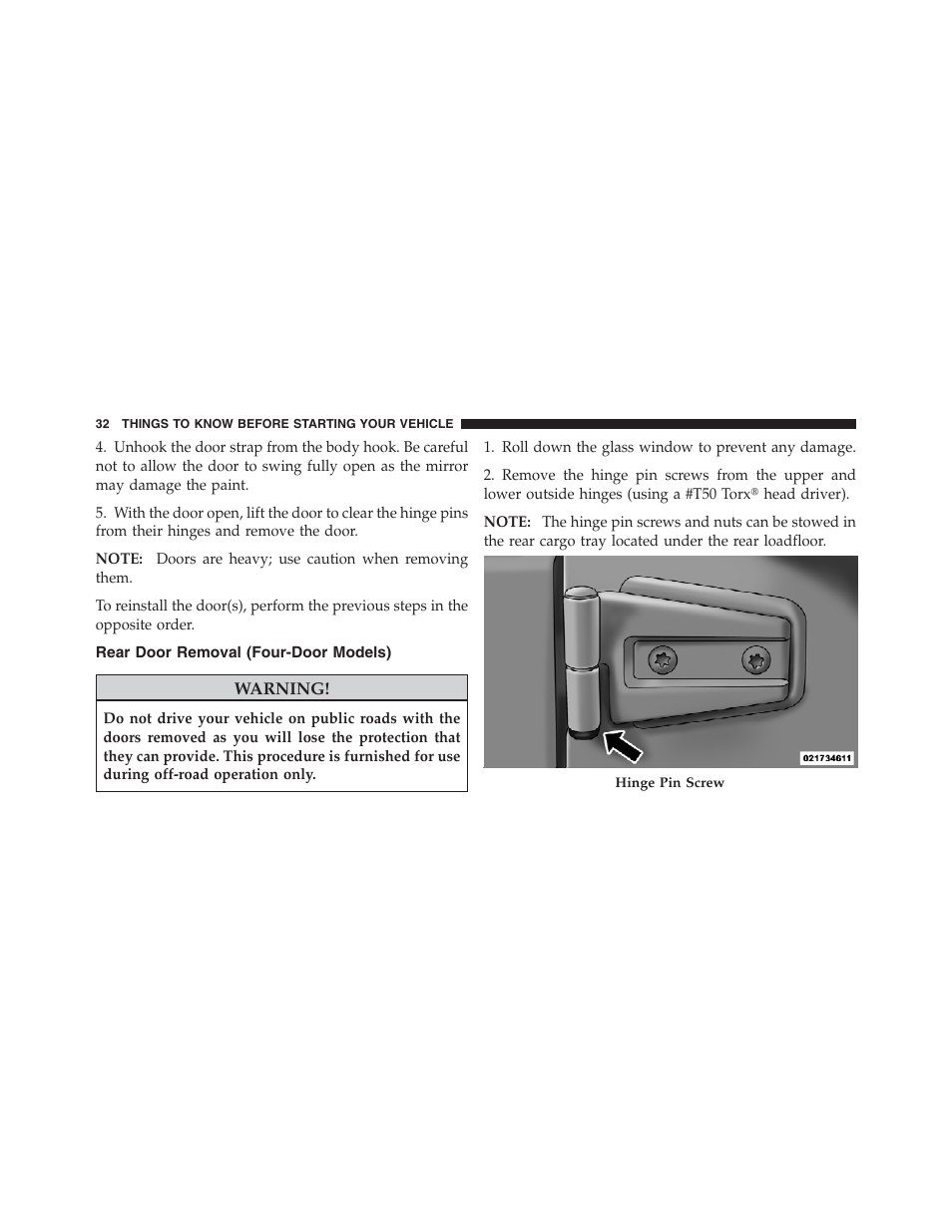 Rear door removal (four-door models) | Jeep 2012 Wrangler Unlimited - Owner Manual User Manual | Page 34 / 613