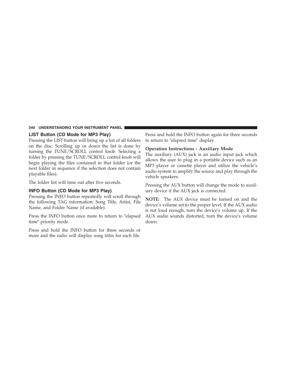 List button (cd mode for mp3 play), Info button (cd mode for mp3 play) | Jeep 2012 Wrangler Unlimited - Owner Manual User Manual | Page 342 / 613