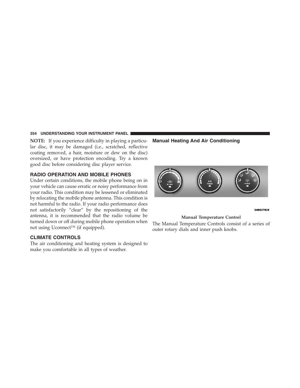 Radio operation and mobile phones, Climate controls, Manual heating and air conditioning | Jeep 2012 Wrangler Unlimited - Owner Manual User Manual | Page 356 / 613