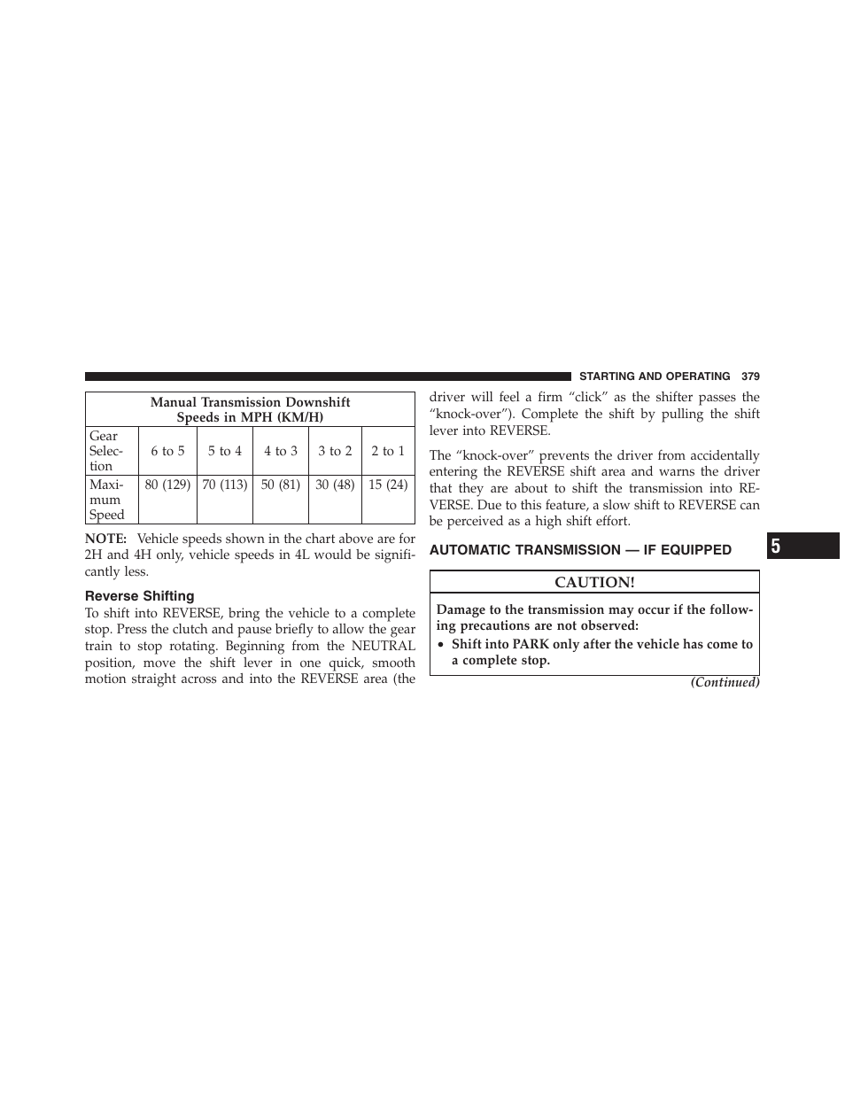 Reverse shifting, Automatic transmission — if equipped | Jeep 2012 Wrangler Unlimited - Owner Manual User Manual | Page 381 / 613