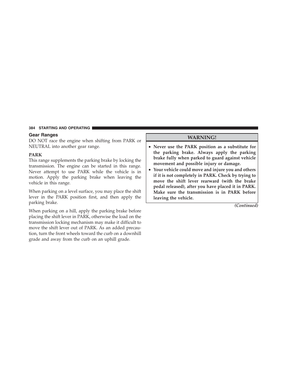 Gear ranges | Jeep 2012 Wrangler Unlimited - Owner Manual User Manual | Page 386 / 613