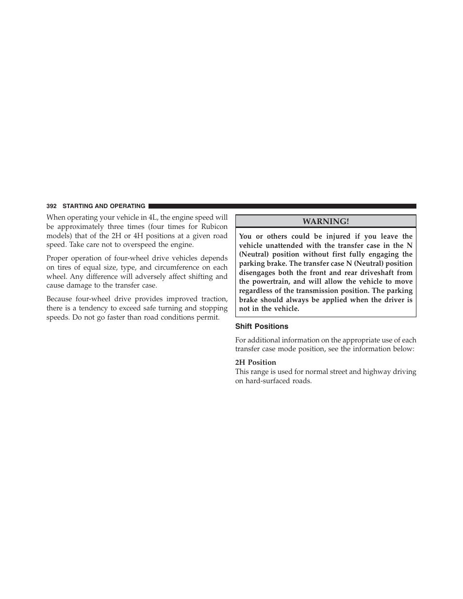 Shift positions | Jeep 2012 Wrangler Unlimited - Owner Manual User Manual | Page 394 / 613