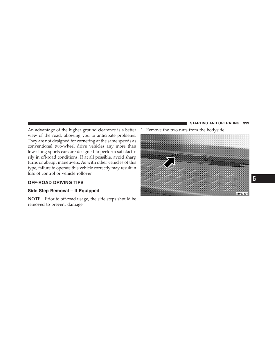 Off-road driving tips, Side step removal – if equipped | Jeep 2012 Wrangler Unlimited - Owner Manual User Manual | Page 401 / 613
