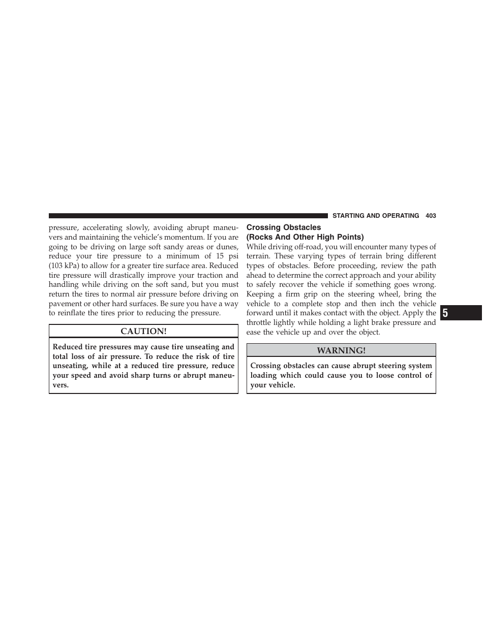 Crossing obstacles (rocks and other high points), Crossing obstacles, Rocks and other high points) | Jeep 2012 Wrangler Unlimited - Owner Manual User Manual | Page 405 / 613