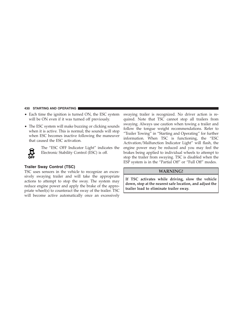 Trailer sway control (tsc) | Jeep 2012 Wrangler Unlimited - Owner Manual User Manual | Page 432 / 613