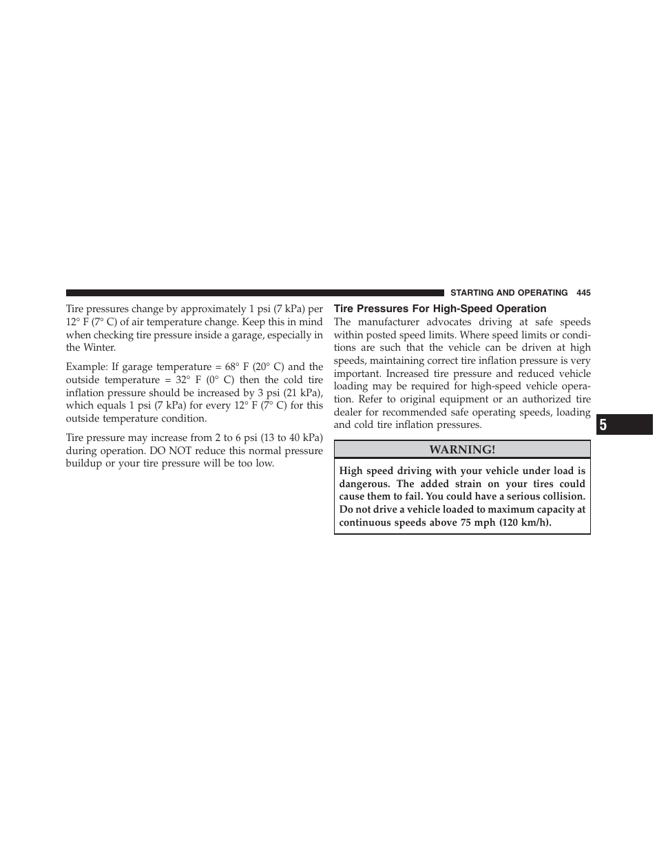 Tire pressures for high-speed operation | Jeep 2012 Wrangler Unlimited - Owner Manual User Manual | Page 447 / 613