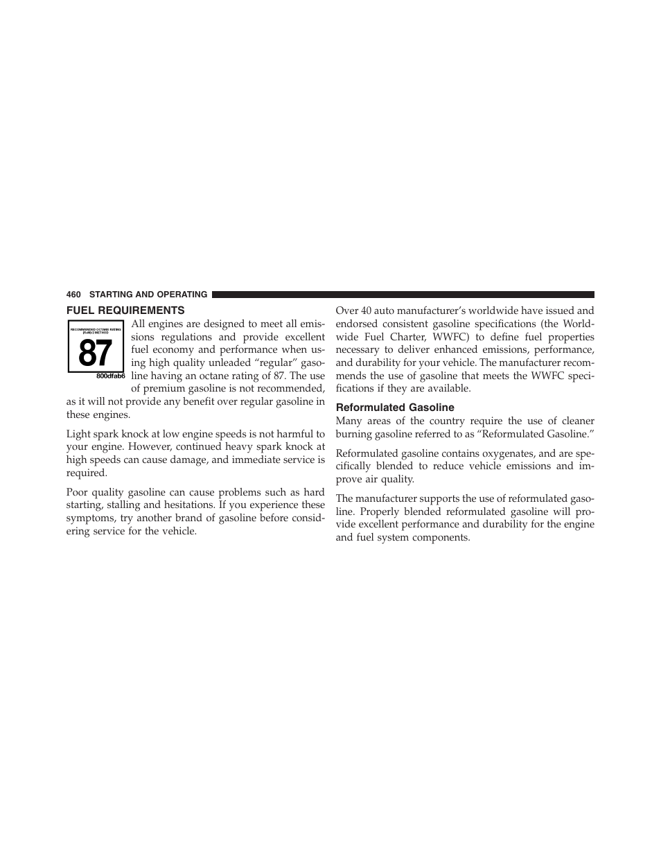 Fuel requirements, Reformulated gasoline | Jeep 2012 Wrangler Unlimited - Owner Manual User Manual | Page 462 / 613