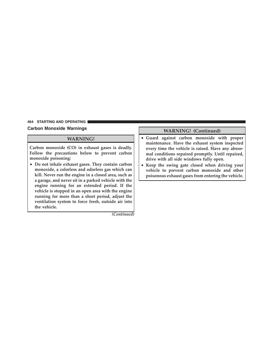 Carbon monoxide warnings | Jeep 2012 Wrangler Unlimited - Owner Manual User Manual | Page 466 / 613