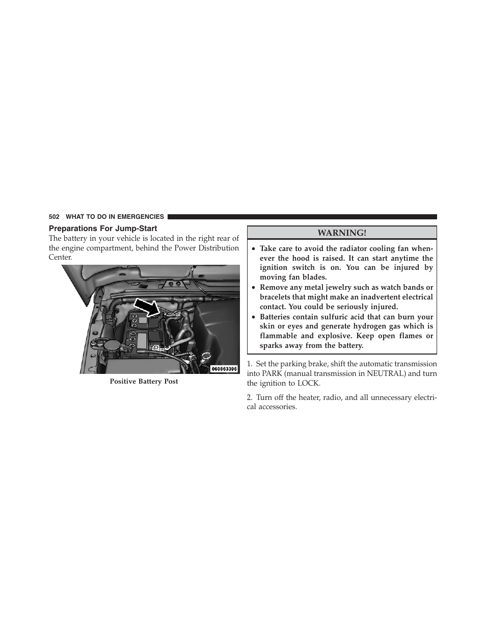 Preparations for jump-start | Jeep 2012 Wrangler Unlimited - Owner Manual User Manual | Page 504 / 613