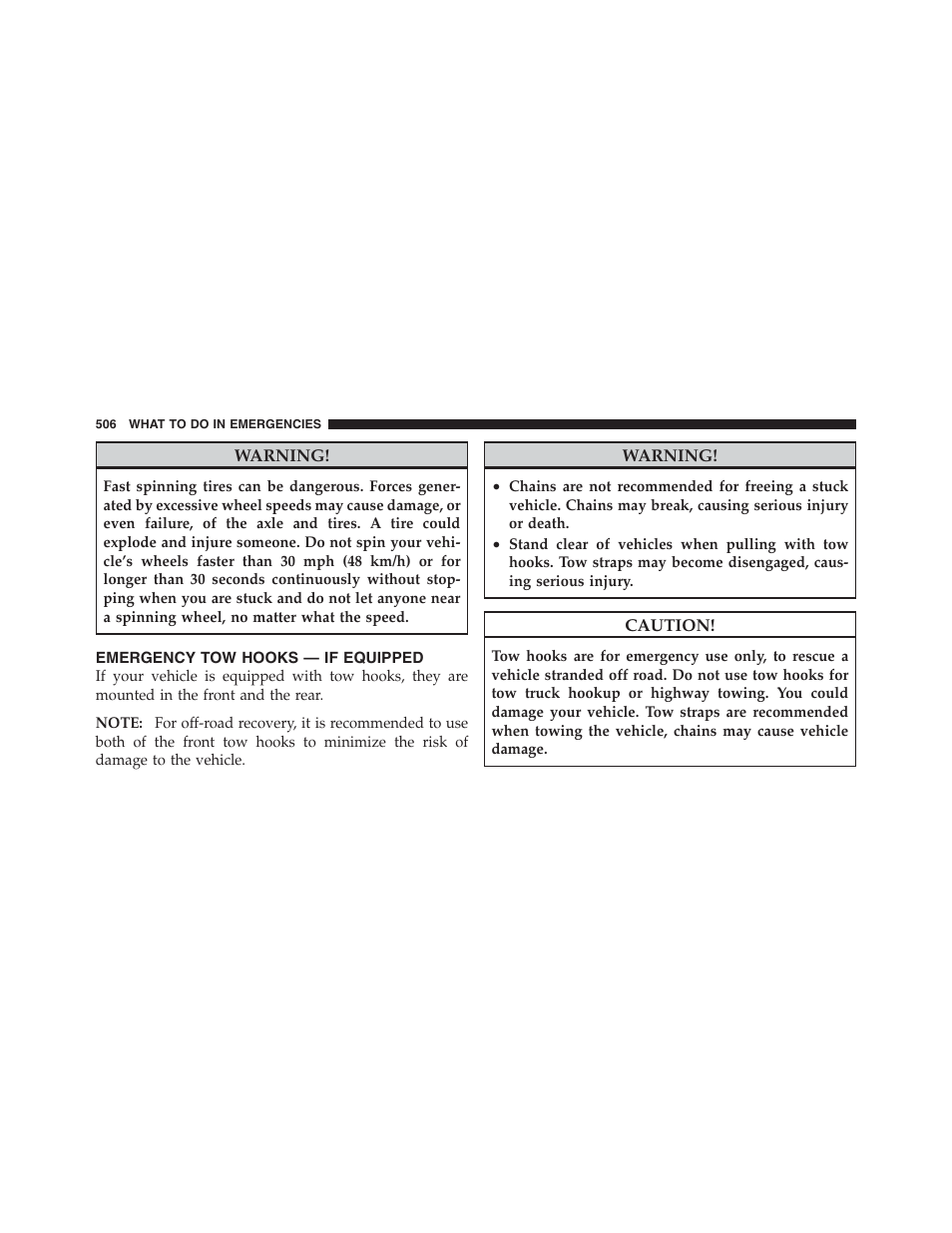 Emergency tow hooks — if equipped | Jeep 2012 Wrangler Unlimited - Owner Manual User Manual | Page 508 / 613