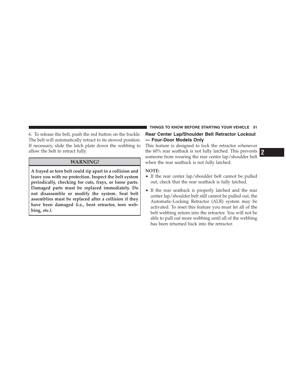 Rear center lap/shoulder belt retractor, Lockout — four-door models only | Jeep 2012 Wrangler Unlimited - Owner Manual User Manual | Page 53 / 613