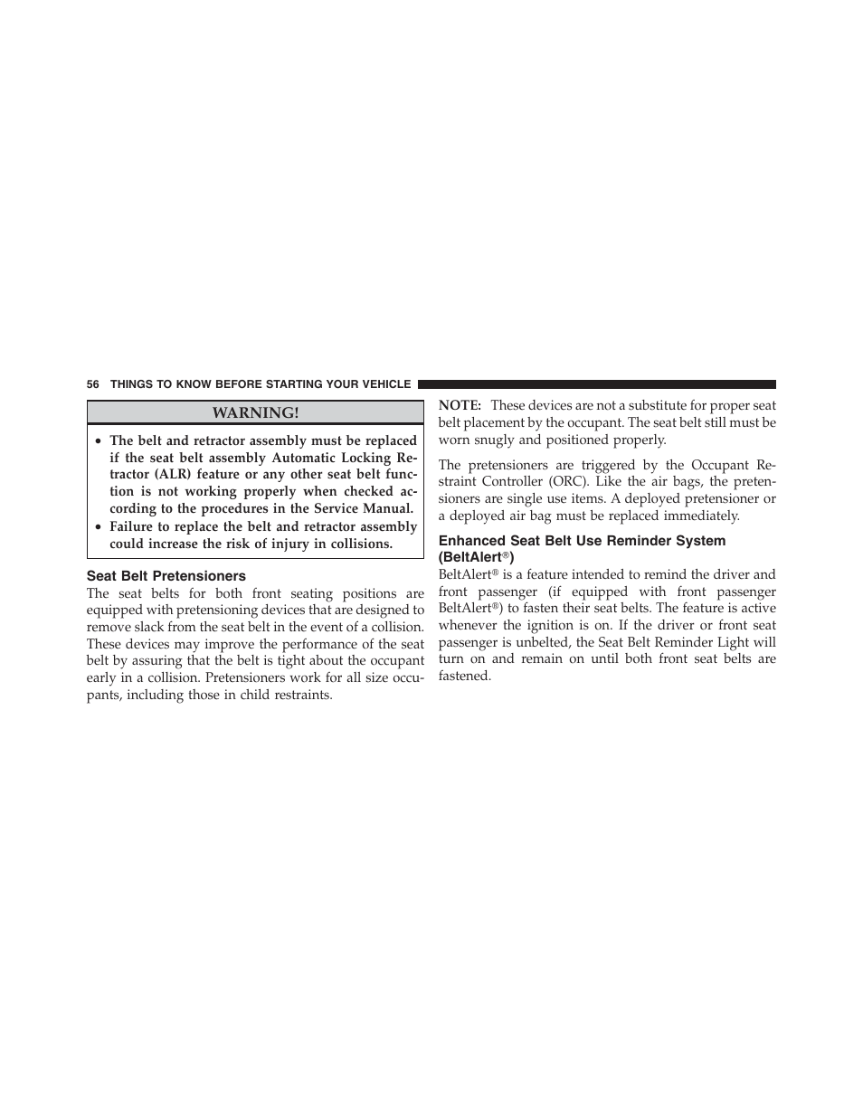 Seat belt pretensioners, Enhanced seat belt use reminder system, Beltalert | Jeep 2012 Wrangler Unlimited - Owner Manual User Manual | Page 58 / 613