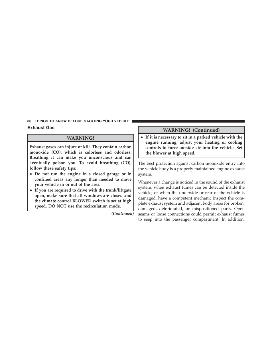 Exhaust gas | Jeep 2012 Wrangler Unlimited - Owner Manual User Manual | Page 88 / 613