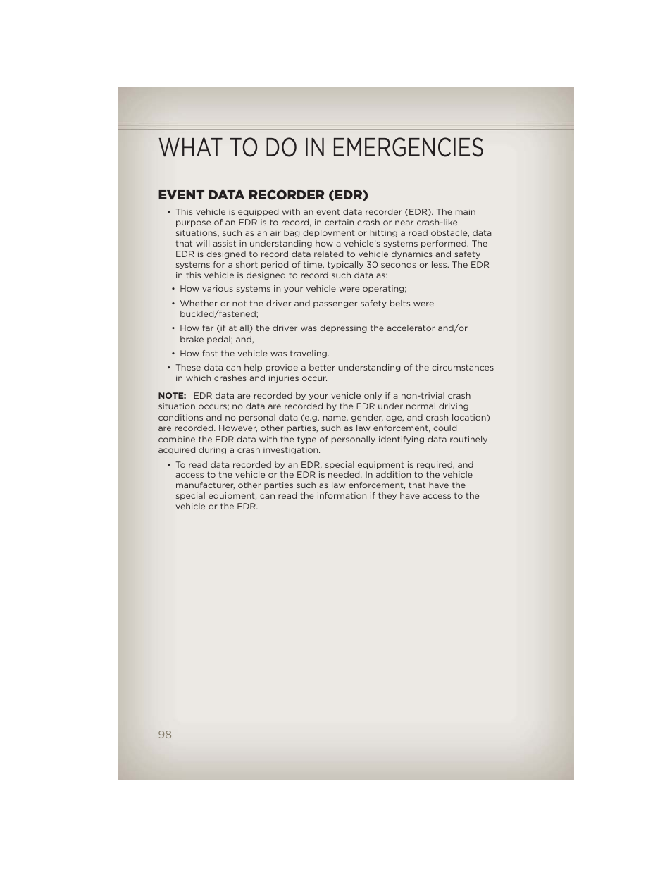 Event data recorder (edr), What to do in emergencies | Jeep 2012 Wrangler Unlimited - User Guide User Manual | Page 100 / 124