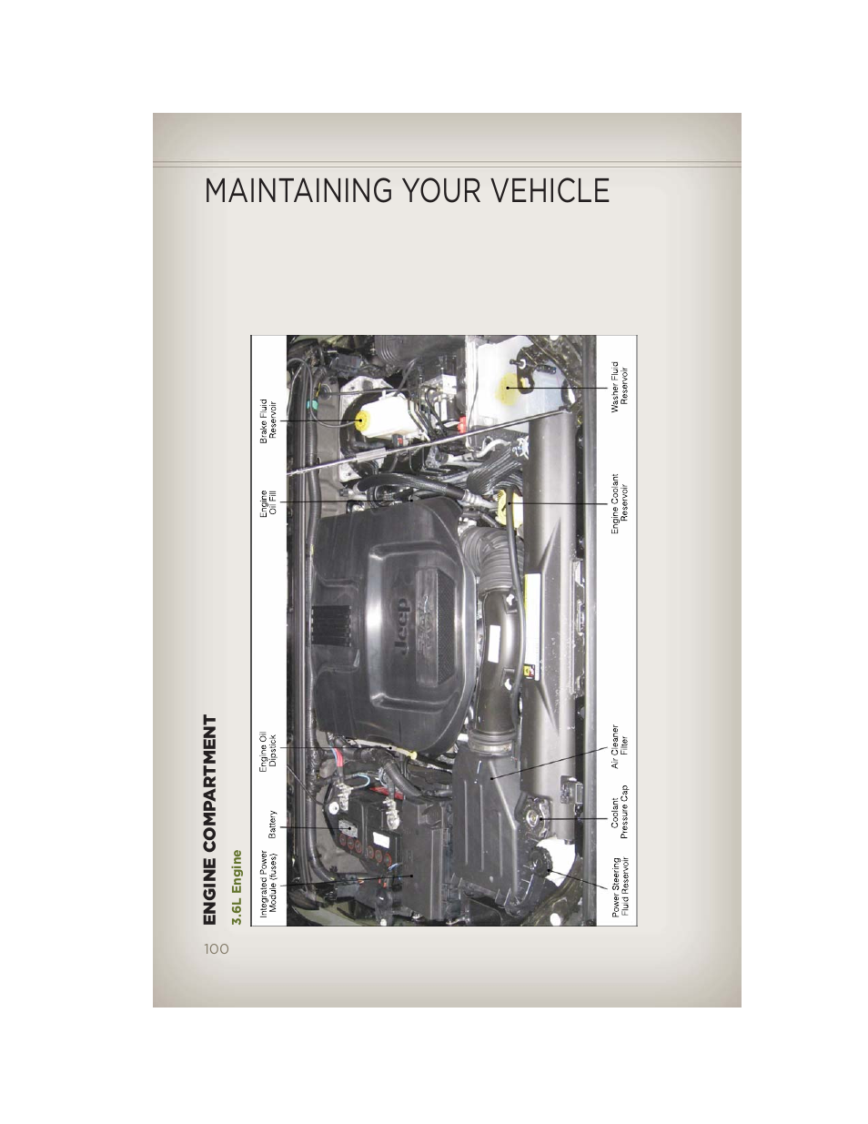Engine compartment, 6l engine, Maintaining your vehicle | Jeep 2012 Wrangler Unlimited - User Guide User Manual | Page 102 / 124
