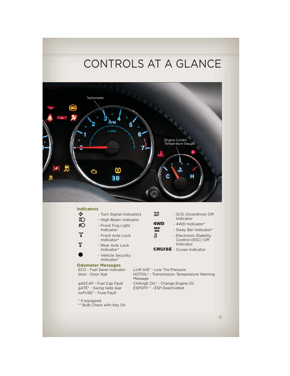 Indicators, Odometer messages, Controls at a glance | Jeep 2012 Wrangler Unlimited - User Guide User Manual | Page 11 / 124